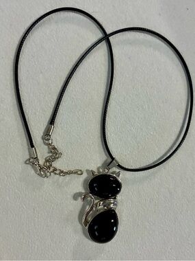 Black Cat Pendant Necklace with Polished Onyx Stones